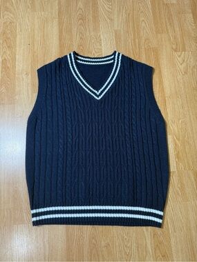 Men's Navy Cable Knit V-Neck Sweater Vest with White Trim - Size L